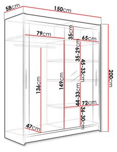 Šatní skříň 150 cm se zrcadlem a LED osvětlením ELADIO 6 - dub lanýž