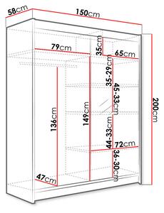 Šatní skříň 150 cm se zrcadlem a LED osvětlením PIRITU 1 - bílá / černá