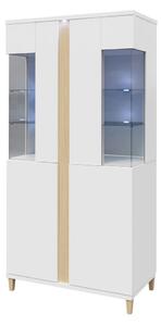 Vysoká vitrína s LED osvětlením BANTRY 2 - bílá / lesklá bílá / přírodní dýha
