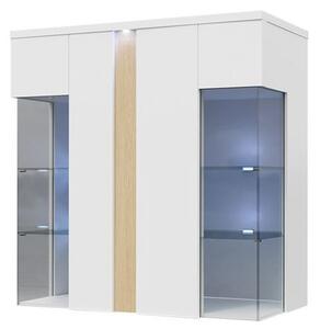Závěsná vitrína s LED osvětlením BANTRY 4 - bílá / lesklá bílá / přírodní dýha