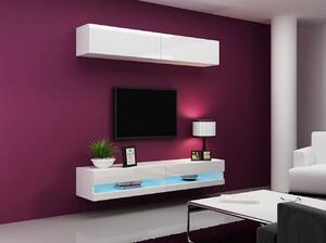 Stěna do obývacího pokoje s LED modrým osvětlením ASHTON N10 - bílá / lesklá bílá