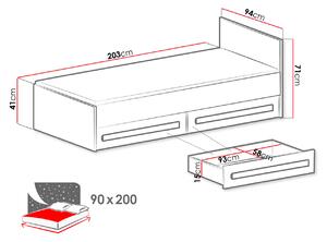 Jednolůžková postel 90x200 TUCHIN - bílá / lesklá bílá / šedá