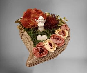 Aranžmá smuteční - srdce - květináč křídla - v růžové s andělíčkem na hrob, pr.20cm