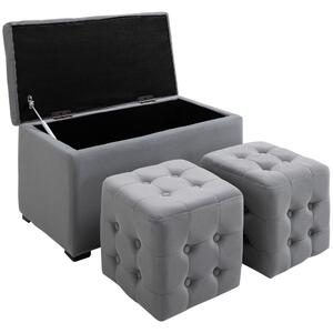 HOMCOM 3dílná sada se storage, 2 x taburety, čalouněná lavice, podnožka, úložný box, opěrka nohou, nosnost do 130 kg, mikrovlákno, pěna, 75 x 40 x 42