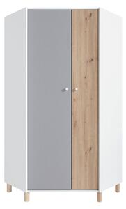 Rohová šatní skříň 90 cm ALANEN - bílá / dub artisan / šedá