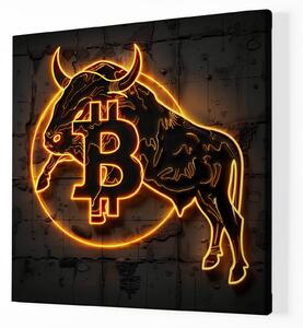Obraz na plátně - Bitcoin Býk, neon logo FeelHappy.cz Velikost obrazu: 120 x 120 cm