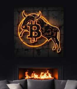 Obraz na plátně - Bitcoin Býk, neon logo FeelHappy.cz Velikost obrazu: 40 x 40 cm