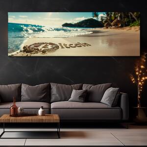 Obraz na plátně - Bitcoin Logo na pláži FeelHappy.cz Velikost obrazu: 60 x 20 cm