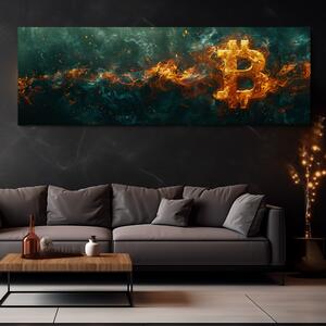 Obraz na plátně - Bitcoin in Fire Emerald FeelHappy.cz Velikost obrazu: 60 x 20 cm