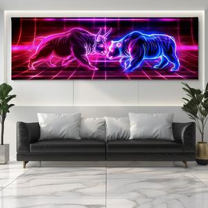 Obraz na plátně - Neonový býk a medvěd FeelHappy.cz Velikost obrazu: 90 x 30 cm