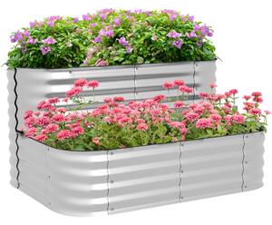 Vyvýšený zahradní záhon Outsunny, dvouúrovňový květináč, rostlinný box, záhon pro zeleninu se šrouby, bylinková zahrada pro zahradu, balkon, stříbrný