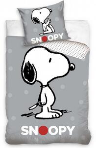 Dětské bavlněné povlečení s obrázkem Snoopyho v šedé barvě.  Rozměr povlečení je 140x200, 70x90 cm