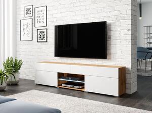 Televizní stolek s LED osvětlením CHIKAKO - dub wotan / lesklý bílý
