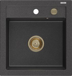 Mexen Vito, granitový dřez 520x490x210 mm, 1-komorový, černá skvrnitá se zlatým sifonem, 6503521000-76-G