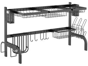 HOMCOM Sušák na nádobí, dvoupatrový stojan na nádobí s háčky, stojan na talíře, příslušenství, 100 cm sušák na nádobí pro dřez, ocel, černý | Aosom