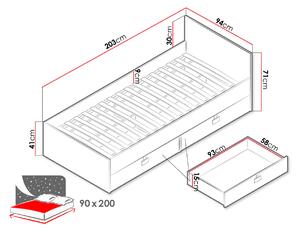 Jednolůžková postel do studentského pokoje 90x200 BASHIRA - dub / bílá