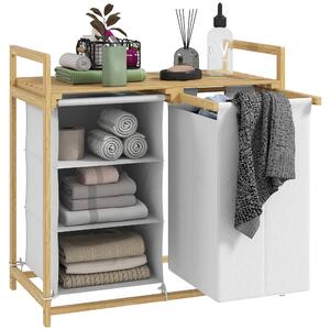 HOMCOM Prádelní Koš s 4 Přihrádkami, Bamboo Prádelní Koš 83L s 2 Vytahovacími a Odnímatelnými Textilními Taškami, Koš s Policí a Rukojetí 70 x 36 x 70
