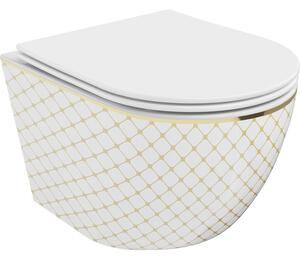 Mexen Lena WC mísa Rimless s pomalu sklápěcí deskou slim, duroplast, bílá/zlatá vzor mřížka - 30224009