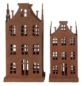 Dekorativní set dvou hnědých kovových domečků – 14x14x27 / 11x11x23 cm