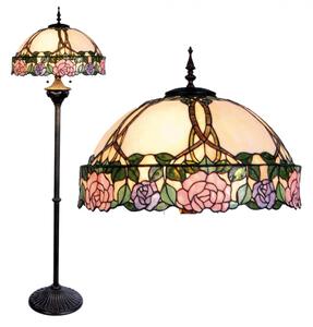 Stojací lampa Tiffany Prunellie růžovo zelená s motivem růží – 164 cm