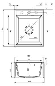 Deante Eridan, granitový dřez na desku 400x500x212 mm, 3,5" + prostorově úsporný sifon, 1-komorový, antracitová metalíza, ZQE_T104
