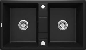 Deante Eridan, granitový dřez na desku 860x500x220 mm B/O, 3,5" + prostorově úsporný sifon, 2-komorový, černá, ZQE_N203