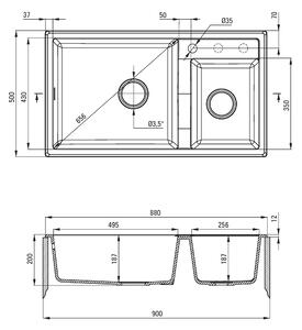 Deante Eridan, granitový dřez na desku 880x500x200 mm, 3,5" + prostorově úsporný sifon, 2-komorový, grafitová metalíza, ZQE_G20B