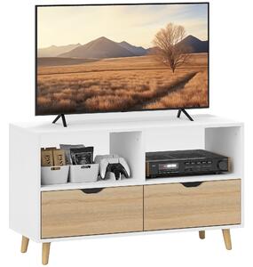 HOMCOM TV skříňka s 2 policemi a zásuvkou, 99 cm dlouhý TV stolek pro televizi, TV jednotka do obývacího pokoje, Bílá, 99 x 39 x 58,3 cm | Aosom
