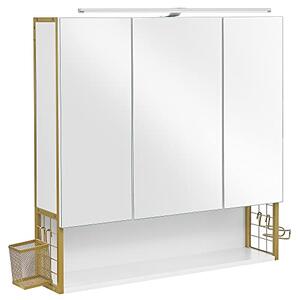 Koupelnová zrcadlová skříňka s osvětlením, bílá-zlatá, 14,5×70×70 cm