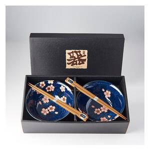 Set 2 modrých keramických misek a jídelních hůlek MIJ Pink Sakura