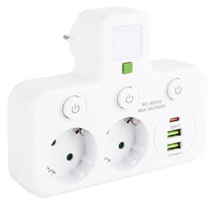 Toolight Toolight, JNH017, zásuvkový rozbočovač 2 zásuvky + 2× USB-A + USB-C s LED světlem, bílá, OSW-56309