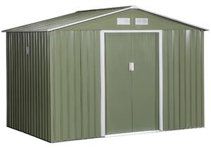 Outsunny Kůlna na nářadí 4,9 m², Zahradní domek s štítovou střechou, Posuvné dveře, Základna, 277 x 195 x 192 cm, Kůlna z pozinkované oceli, Odolná vů