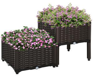 Vyvýšený záhon Outsunny, květináč s drenážními otvory, květinová box v ratanovém vzhledu, plast, hnědá, 40 x 40 x 44 cm | Aosom