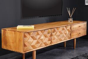 Designový retro televizní stolek Camille z akaciového masivu se dvěma šuplíky a dvěma dvířky s designem mozaiky 145cm
