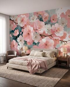 Fototapety Kvetoucí třešňové květy s růžovými a bílými květy ve stylu olejomalby, Fototapety les, Fototapety stromy, w09912 : uwalls.cz