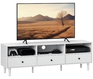 TV stolek HOMCOM s přihrádkami a šuplíky, 140 cm dlouhý TV konzole pro TV do 75 palců s úložným prostorem a organizací kabelů, bílý 140x34x45cm | Aoso