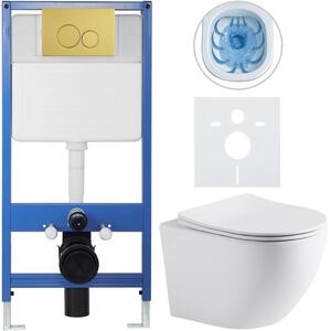 Kompletní podomítkový WC set Lite/Cesso - bílá matná - WC tlačítko Duo, zlatá - předstěnová instalace - 49x36 cm