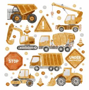 Dětská nálepka na zeď Stavba - míchačka, bagr, buldozer a nákladní automobil Rozměry: 105 x 100 cm