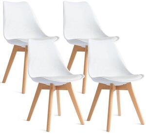 Sada čtyř jídelních židlí Unyqoos® – moderní retro design, bílé ergonomické sedáky (umělá kůže), tvarovaná plastová opěradla, robustní bukové nohy