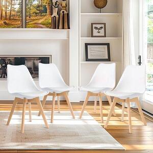 Sada čtyř jídelních židlí Unyqoos® – moderní retro design, bílé ergonomické sedáky (umělá kůže), tvarovaná plastová opěradla, robustní bukové nohy