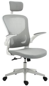 Ergonomická kancelářská židle Vinsetto s funkcí houpání, vysokým opěradlem, bederní oporou, opěrkou hlavy a skládacími područkami, šedá 65 x 64 x 114-