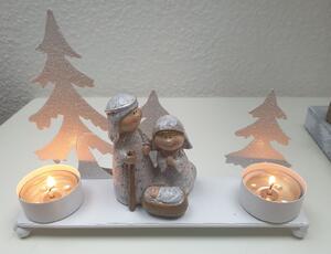 Bílý kovový svícen na čajové svíčky se svatou rodinou - 20*5*14cm