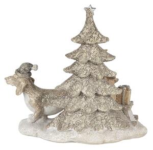 Vánoční dekorativní soška pejsků u stromečku s dárky a saněmi - 16*8*15 cm LED osvětlení