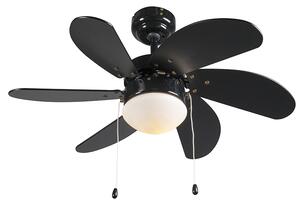 Stropní ventilátor černý s potiskem dřeva 80 cm s tahovým spínačem - Fresh