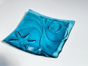 OCEAN designový skleněný čtvercový talíř 25 x 25 cm modré sklo