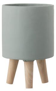 Šedý cementový květináč na dřevěných nožkách - Ø16*24,5 cm