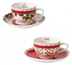 Vánoční sada 2 šálků s podšálkami na čaj/kávu LE BACCHE BRANDANI (barva - porcelán, bílá/červená/zelená)