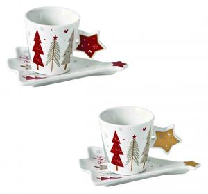 Vánoční sada 2 šálků s podšálkami ve tvaru stromečku na presso 60 ml Fiocco di Neve BRANDANI (barva - porcelán, bílá/červená/zlatá)