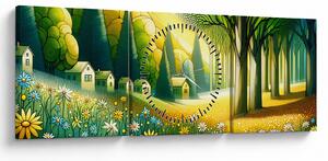 Obraz - Vesnice ve žluto-zelené (s hodinami) (90x30 cm)