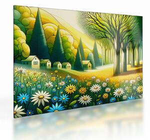 Skleněný obraz - Vesnice ve žluto-zelené (70x50 cm)
